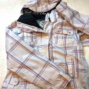 Womens snowboard jacket, size medium. Silver/ violet plaid.
